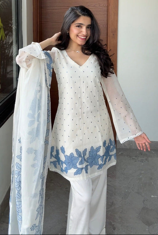 Blossom Mal Chanderi Kurti Material Blue featured