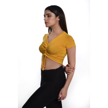 Load image into Gallery viewer, Rayon Ruched Drawstring Front V Neck Crop Top Style Blouse - Marigold - Blouse featured