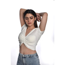 Load image into Gallery viewer, Rayon Ruched Drawstring Front V Neck Crop Top Style Blouse - White - Blouse featured