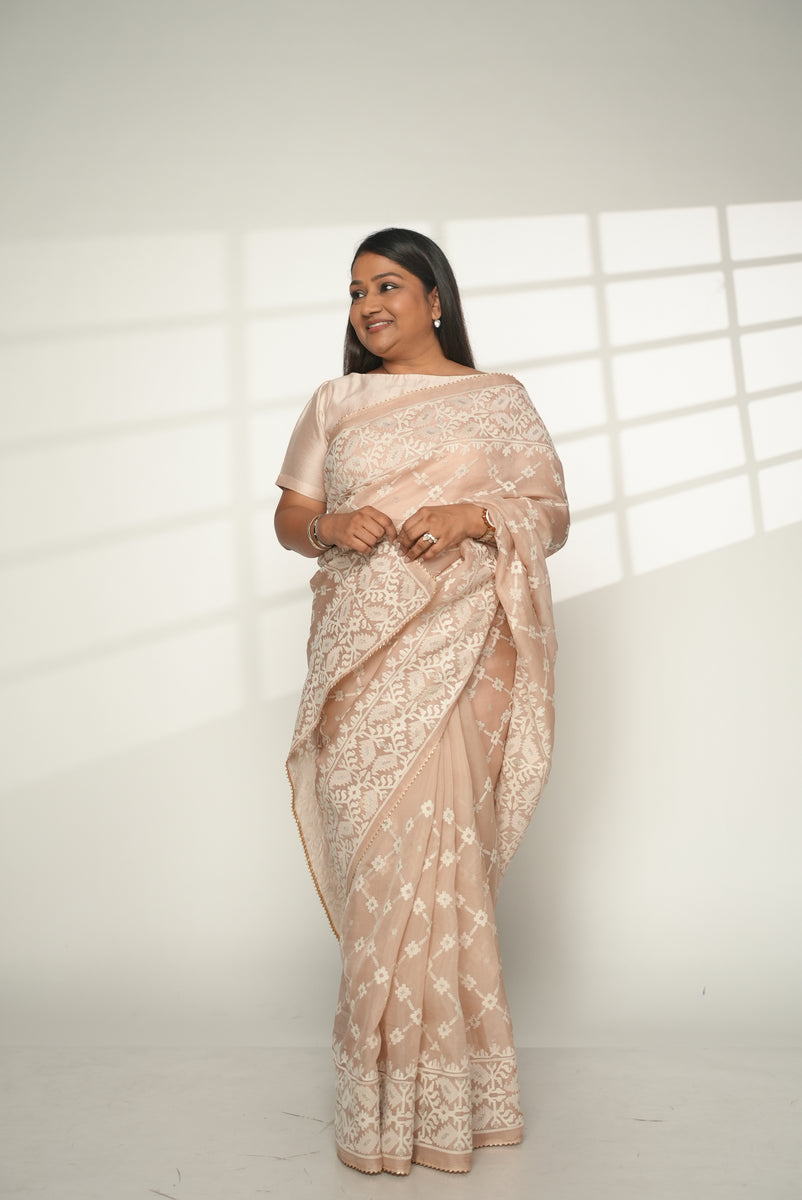 Peach Organza Handloom Saree With  Woven Work main image 1