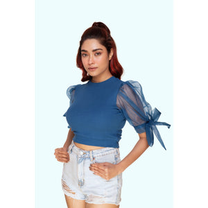 Hosiery Blouses- Bow Tie Up Sleeves - Azure Blue - Blouse featured