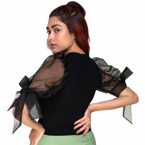 Hosiery Blouses- Bow Tie Up Sleeves - Black - Blouse featured
