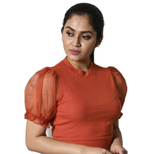 Hosiery Blouses with Puffy Organza Sleeves - Brick Red - Blouse featured
