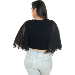 Hosiery Deep Neck Blouses - Butterfly Sleeves - Regular Size - Black - Blouse featured