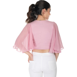 Hosiery Deep Neck Blouses - Butterfly Sleeves - Regular Size - Blush Pink - Blouse featured