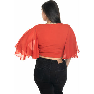 Hosiery Deep Neck Blouses - Butterfly Sleeves - Regular Size - Brick_Red - Blouse featured