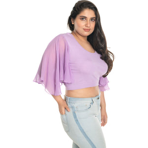Hosiery Deep Neck Blouses - Butterfly Sleeves - Regular Size - Lavender - Blouse featured