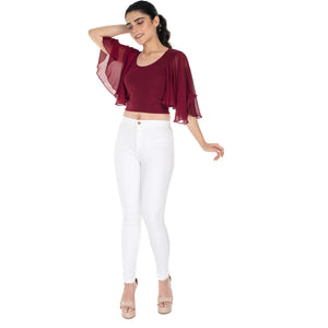 Hosiery Deep Neck Blouses - Butterfly Sleeves - Regular Size - Maroon - Blouse featured