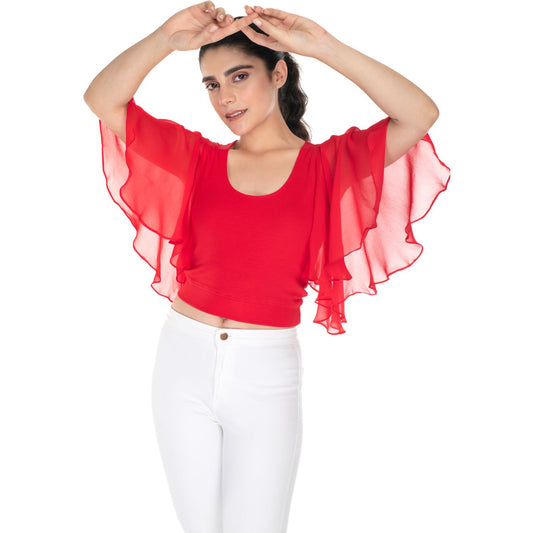 Hosiery Deep Neck Blouses - Butterfly Sleeves - Regular Size - Red - Blouse featured