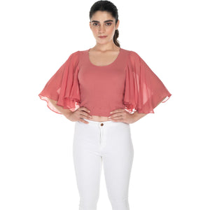 Hosiery Deep Neck Blouses - Butterfly Sleeves - Regular Size - Rose Pink - Blouse featured