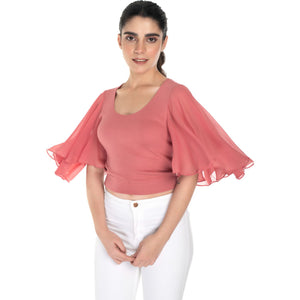 Hosiery Deep Neck Blouses - Butterfly Sleeves - Regular Size - Rose Pink - Blouse featured