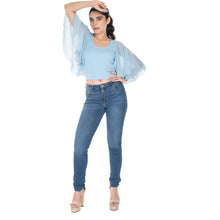 Load image into Gallery viewer, Hosiery Deep Neck Blouses - Butterfly Sleeves - Regular Size - Sky Blue - Blouse featured