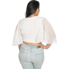 Load image into Gallery viewer, Hosiery Deep Neck Blouses - Butterfly Sleeves - Regular Size - White - Blouse featured