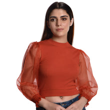 Load image into Gallery viewer, Hosiery Blouses with Puffy Organza Full Sleeves -  Brick Red - Blouse featured
