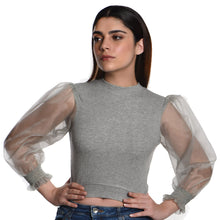 Load image into Gallery viewer, Hosiery Blouses with Puffy Organza Full Sleeves -  Light Grey - Blouse featured
