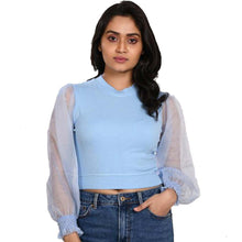 Load image into Gallery viewer, Hosiery Blouses with Puffy Organza Full Sleeves - Sky Blue - Blouse featured