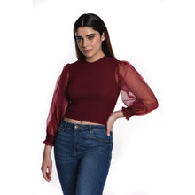 Load image into Gallery viewer, Hosiery Blouses with Puffy Organza Full Sleeves -  Maroon - Blouse featured