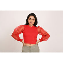 Load image into Gallery viewer, Hosiery Blouses with Puffy Organza Full Sleeves -  Red - Blouse featured