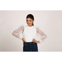 Load image into Gallery viewer, Hosiery Blouses with Puffy Organza Full Sleeves -  White - Blouse featured