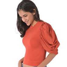 Load image into Gallery viewer, Hosiery Blouses - Mesh Pleated Sleeves - Brick Red - Blouse featured