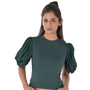 Hosiery Blouses - Mesh Pleated Sleeves - Green - Blouse featured