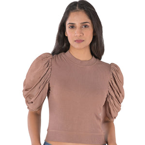 Hosiery Blouses - Mesh Pleated Sleeves - Light Brown - Blouse featured