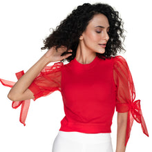 Load image into Gallery viewer, Hosiery Blouses- Bow Tie Up Sleeves - Red - Blouse featured