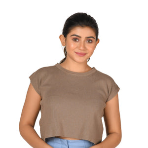 Crew Neck Straight Cut Top Light - Brown - featured
