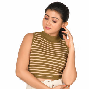 Stripes High Neck Top - Olive Green Stripes - Blouse featured