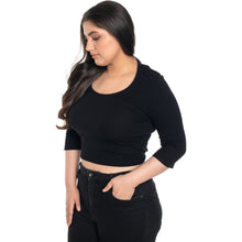 Load image into Gallery viewer, Hosiery Blouse- XXL Deep Round Neck (Elbow Sleeves) - Black - Blouse featured