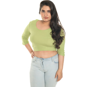 Hosiery Blouse- XXL Deep Round Neck (Elbow Sleeves) - Lime Green - Blouse featured