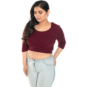 Hosiery Blouse- XXL Deep Round Neck (Elbow Sleeves) - Maroon - Blouse featured