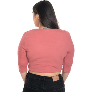 Hosiery Blouse- XXL Deep Round Neck (Elbow Sleeves) - Rose Pink - Blouse featured