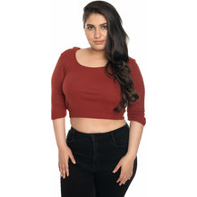 Load image into Gallery viewer, Hosiery Blouse- XXL Deep Round Neck (Elbow Sleeves) - Rust - Blouse featured