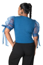 Load image into Gallery viewer, Round neck Blouses with Bow Tied-up Sleeves- Plus Size - Azure Blue - Blouse featured