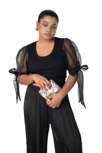 Round neck Blouses with Bow Tied-up Sleeves- Plus Size - Black - Blouse featured