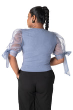Load image into Gallery viewer, Round neck Blouses with Bow Tied-up Sleeves- Plus Size - Brilliant Blue - Blouse featured