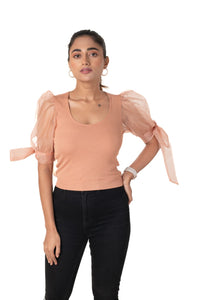 Round neck Blouses with Bow Tied-up Sleeves - Cider - Blouse featured