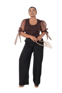 Round neck Blouses with Bow Tied-up Sleeves - Dark Brown - Blouse featured