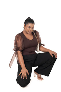 Round neck Blouses with Bow Tied-up Sleeves- Plus Size - Dark Brown - Blouse featured