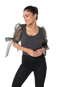 Round neck Blouses with Bow Tied-up Sleeves - Dark Grey - Blouse featured