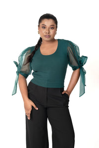 Round neck Blouses with Bow Tied-up Sleeves- Plus Size - Dark Green - Blouse featured