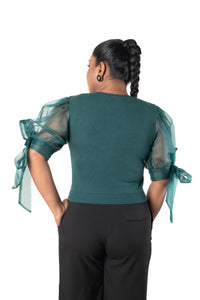 Round neck Blouses with Bow Tied-up Sleeves - Dark Green - Blouse featured