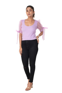 Round neck Blouses with Bow Tied-up Sleeves - Lavender - Blouse featured