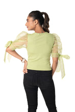 Load image into Gallery viewer, Round neck Blouses with Bow Tied-up Sleeves - Lime Green - Blouse featured
