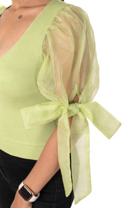 Round neck Blouses with Bow Tied-up Sleeves - Lime Green - Blouse featured