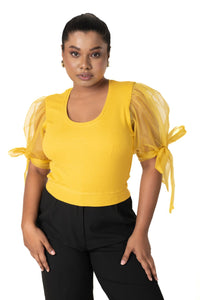 Round neck Blouses with Bow Tied-up Sleeves- Plus Size - Mango Yellow - Blouse featured
