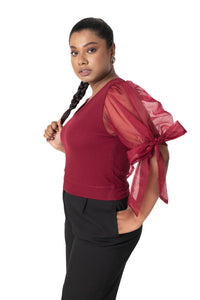Round neck Blouses with Bow Tied-up Sleeves- Plus Size - Maroon - Blouse featured