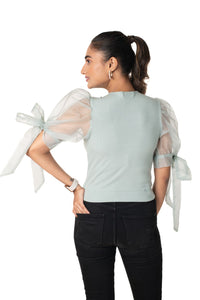 Round neck Blouses with Bow Tied-up Sleeves - Mint Green - Blouse featured