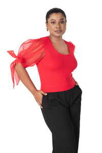 Round neck Blouses with Bow Tied-up Sleeves- Plus Size - Red - Blouse featured